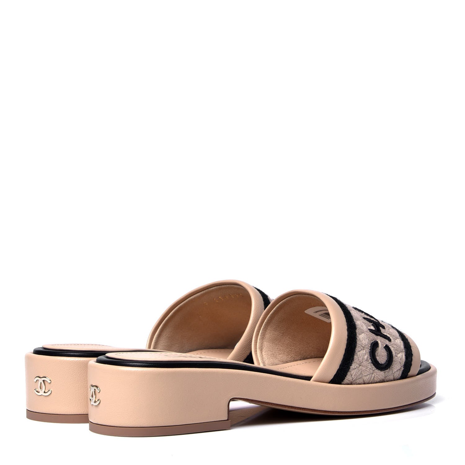 CHANEL LAMBSKIN LEATHER EMBROIDERED LOGO MULES