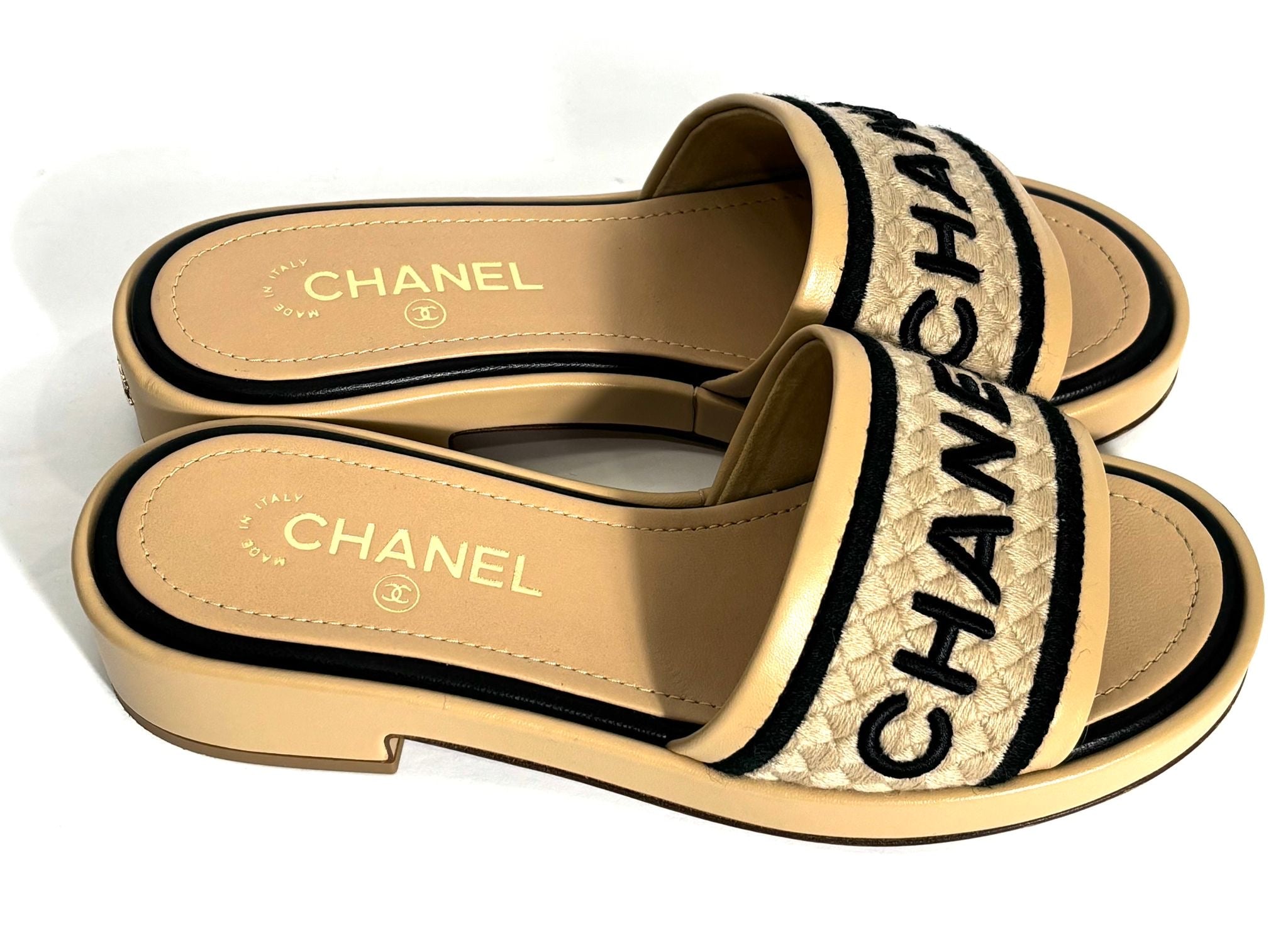 CHANEL LAMBSKIN LEATHER EMBROIDERED LOGO MULES