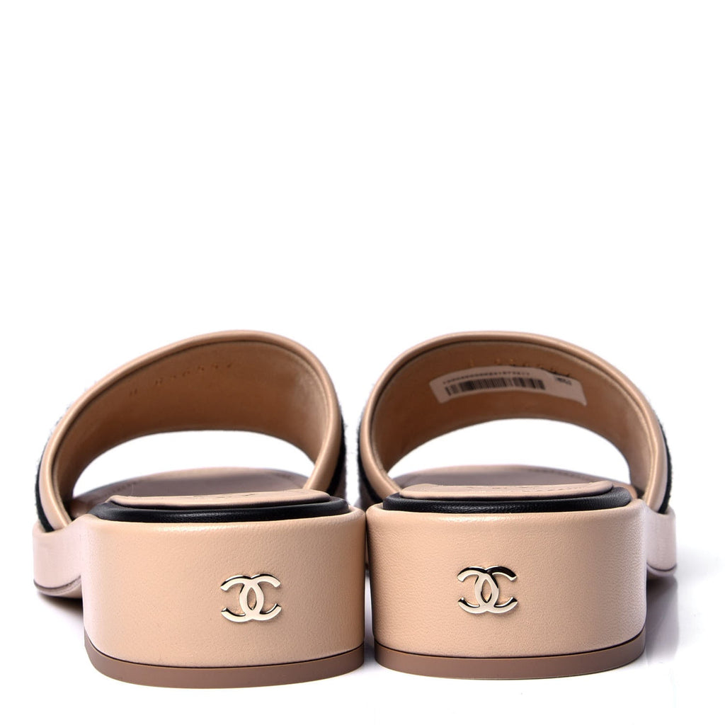CHANEL LAMBSKIN LEATHER EMBROIDERED LOGO MULES