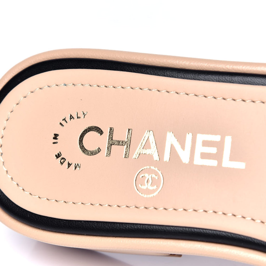 CHANEL LAMBSKIN LEATHER EMBROIDERED LOGO MULES