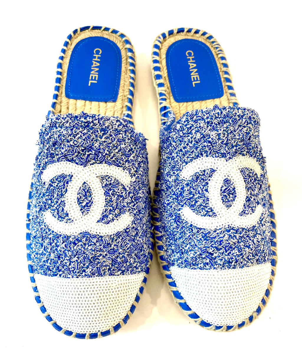 CHANEL TWEED SEQUIN CC LOGO BACKLESS ESPADRILLES