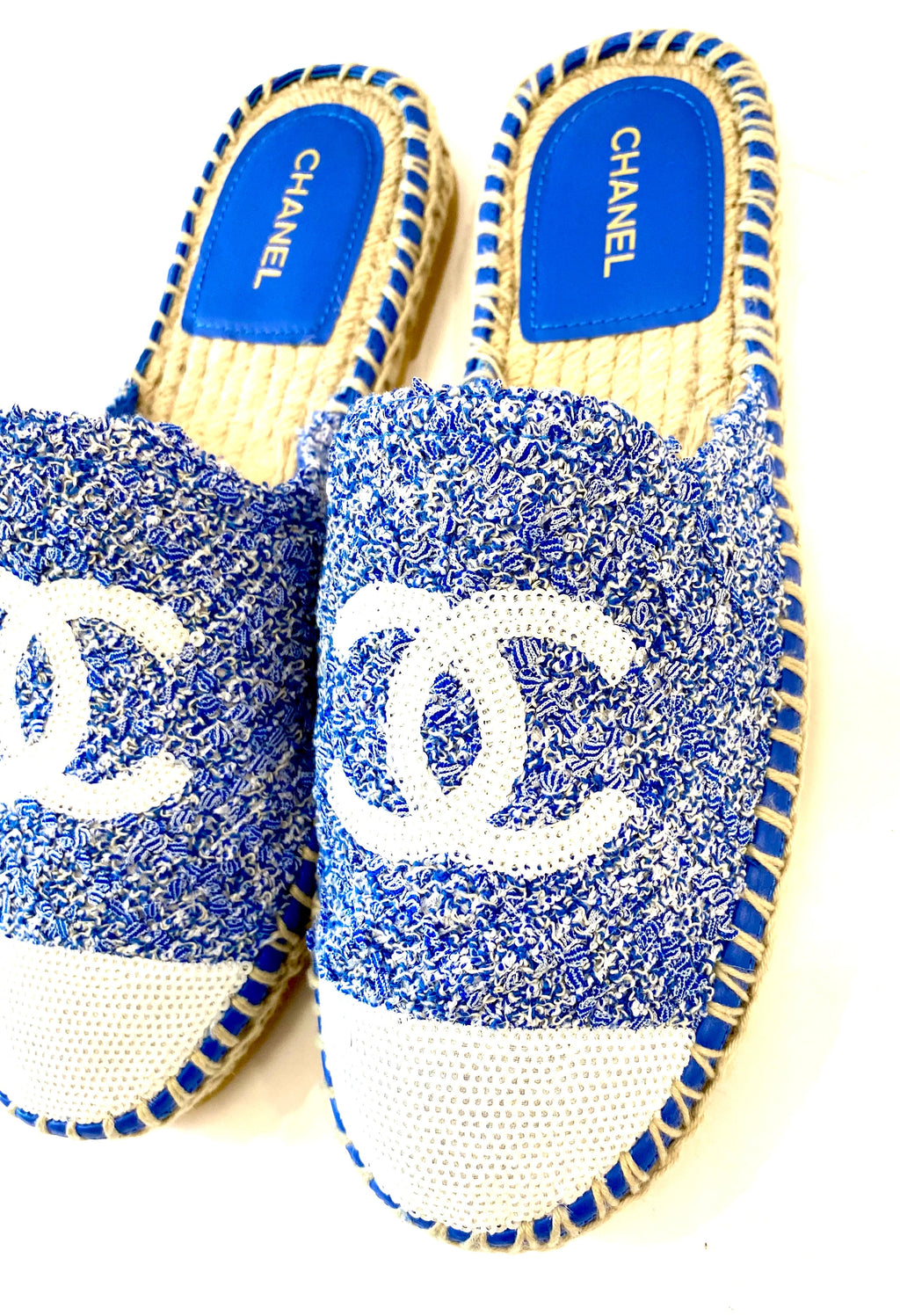 CHANEL TWEED SEQUIN CC LOGO BACKLESS ESPADRILLES