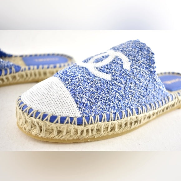 CHANEL TWEED SEQUIN CC LOGO BACKLESS ESPADRILLES