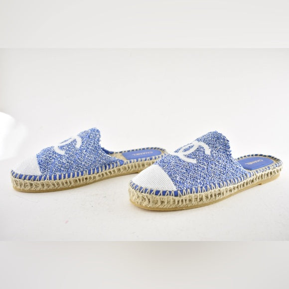 CHANEL TWEED SEQUIN CC LOGO BACKLESS ESPADRILLES