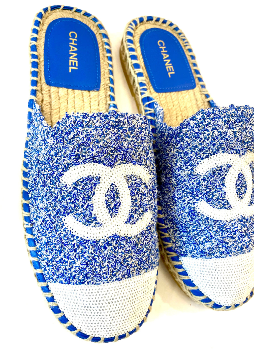 CHANEL TWEED SEQUIN CC LOGO BACKLESS ESPADRILLES