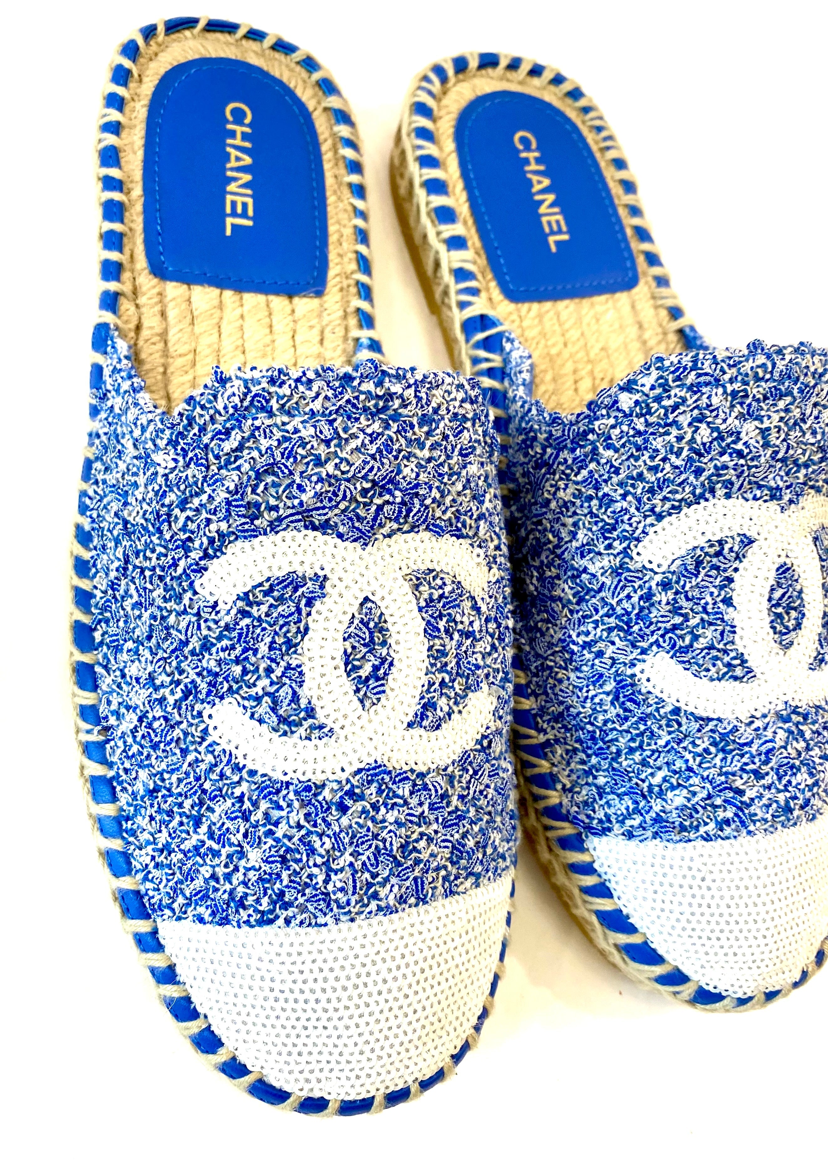 CHANEL TWEED SEQUIN CC LOGO BACKLESS ESPADRILLES