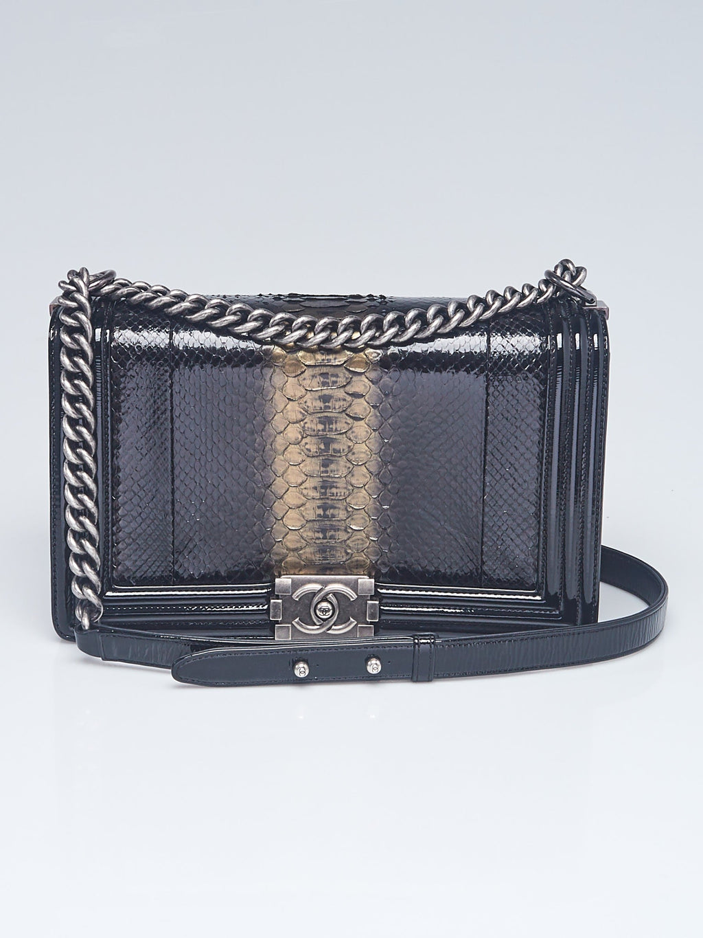 CHANEL PYTHON AND PATENT LEATHER MEDIUM BOY BAG