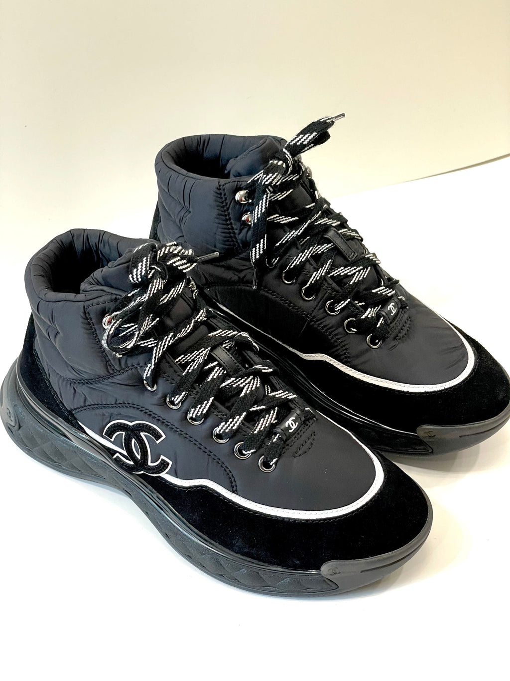 CHANEL MESH CALFSKIN SUEDE HIGH-TOP PLATFORM CC SNEAKERS