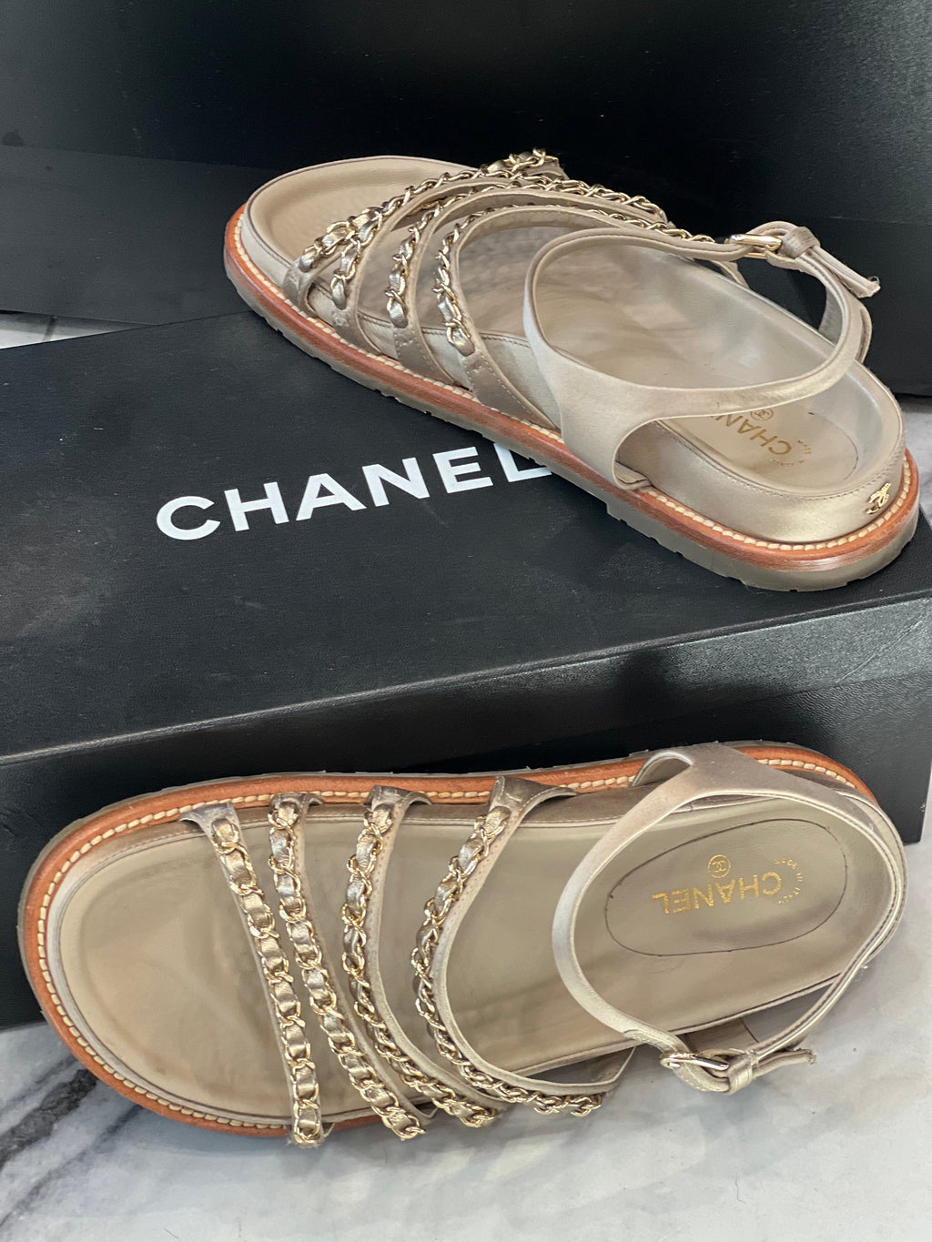 CHANEL CHAMPAGNE GOLD SATIN CHAIN SANDALS