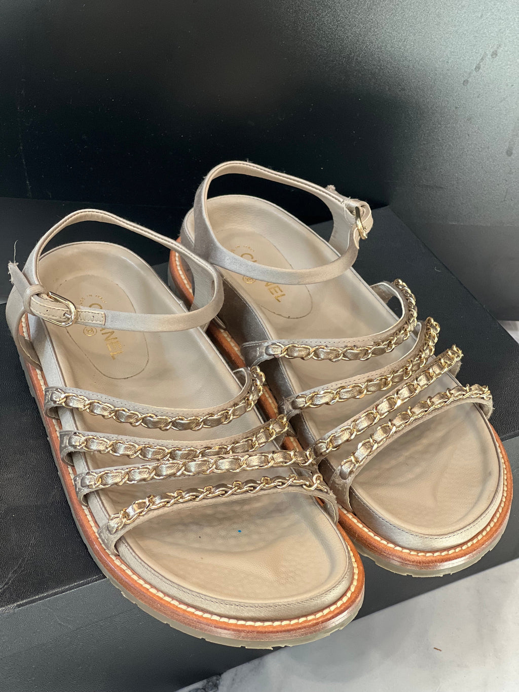 CHANEL CHAMPAGNE GOLD SATIN CHAIN SANDALS