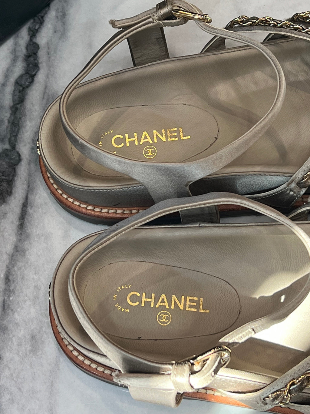 CHANEL CHAMPAGNE GOLD SATIN CHAIN SANDALS