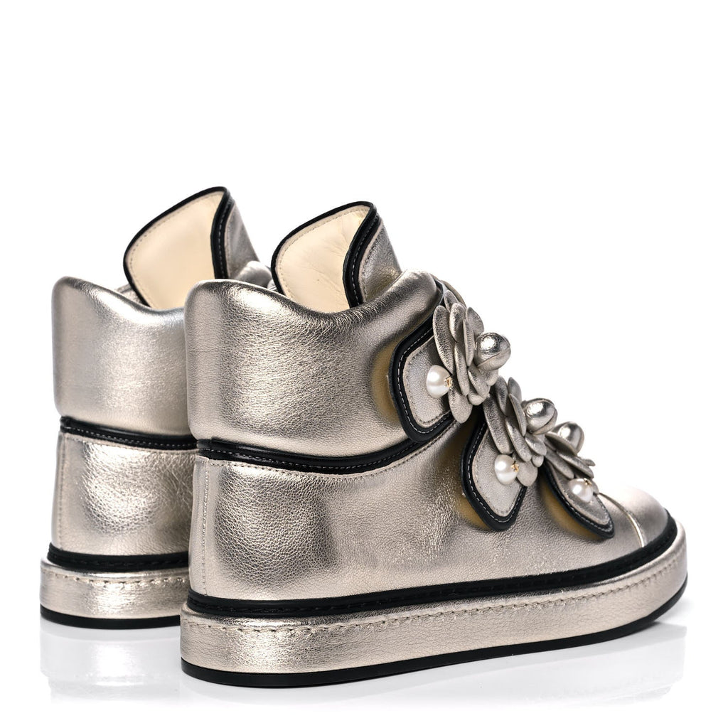 CHANEL CC CAMELLIA METALLIC CHAMPAGNE LAMBSKIN SNEAKERS