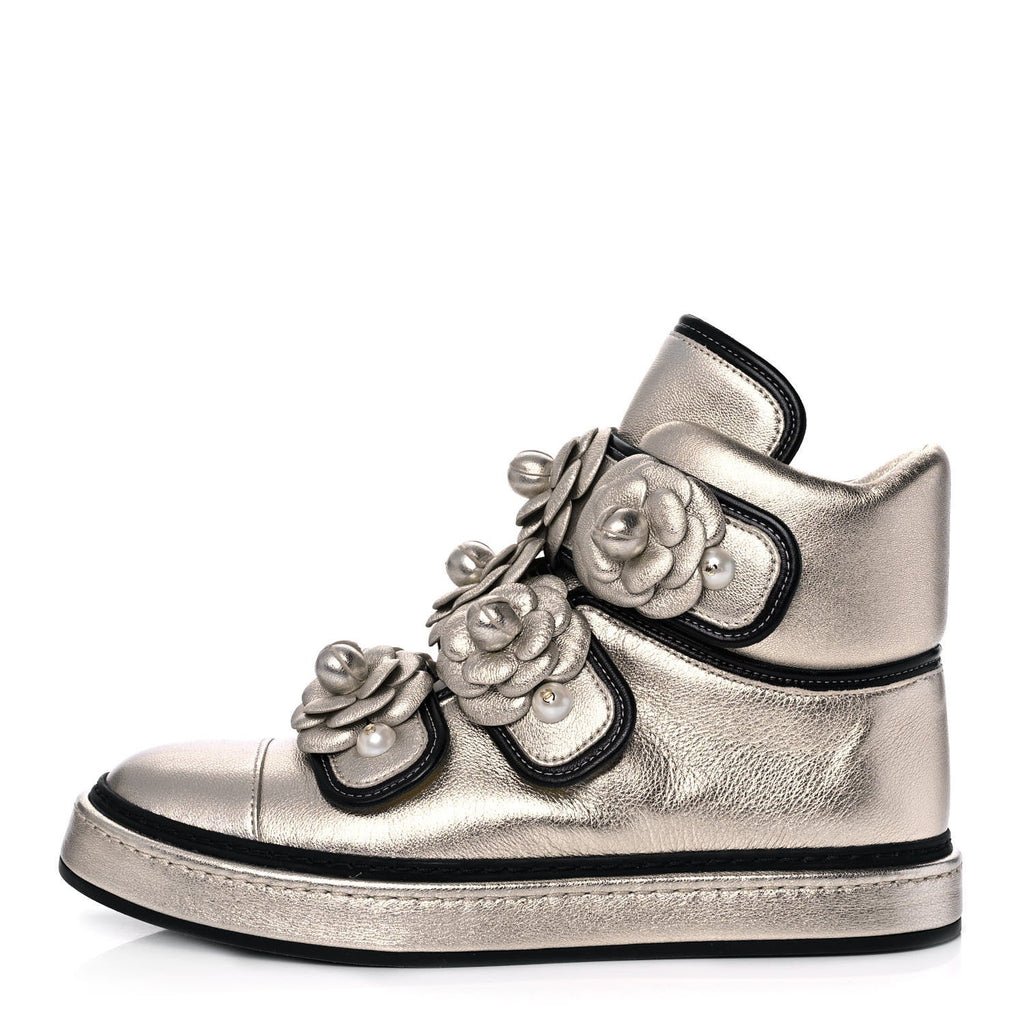CHANEL CC CAMELLIA METALLIC CHAMPAGNE LAMBSKIN SNEAKERS