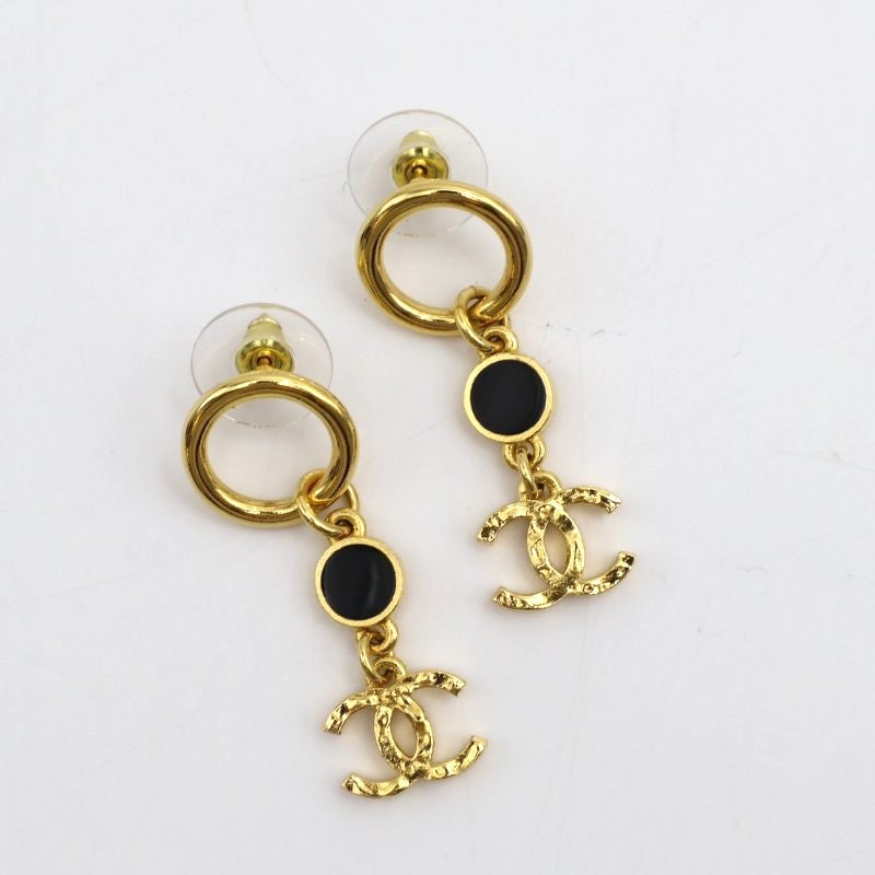 CHANEL GOLD TONE BLACK ENAMEL DANGLE EARRINGS