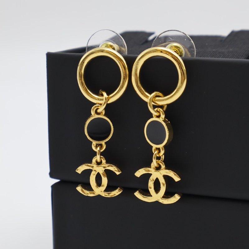CHANEL GOLD TONE BLACK ENAMEL DANGLE EARRINGS