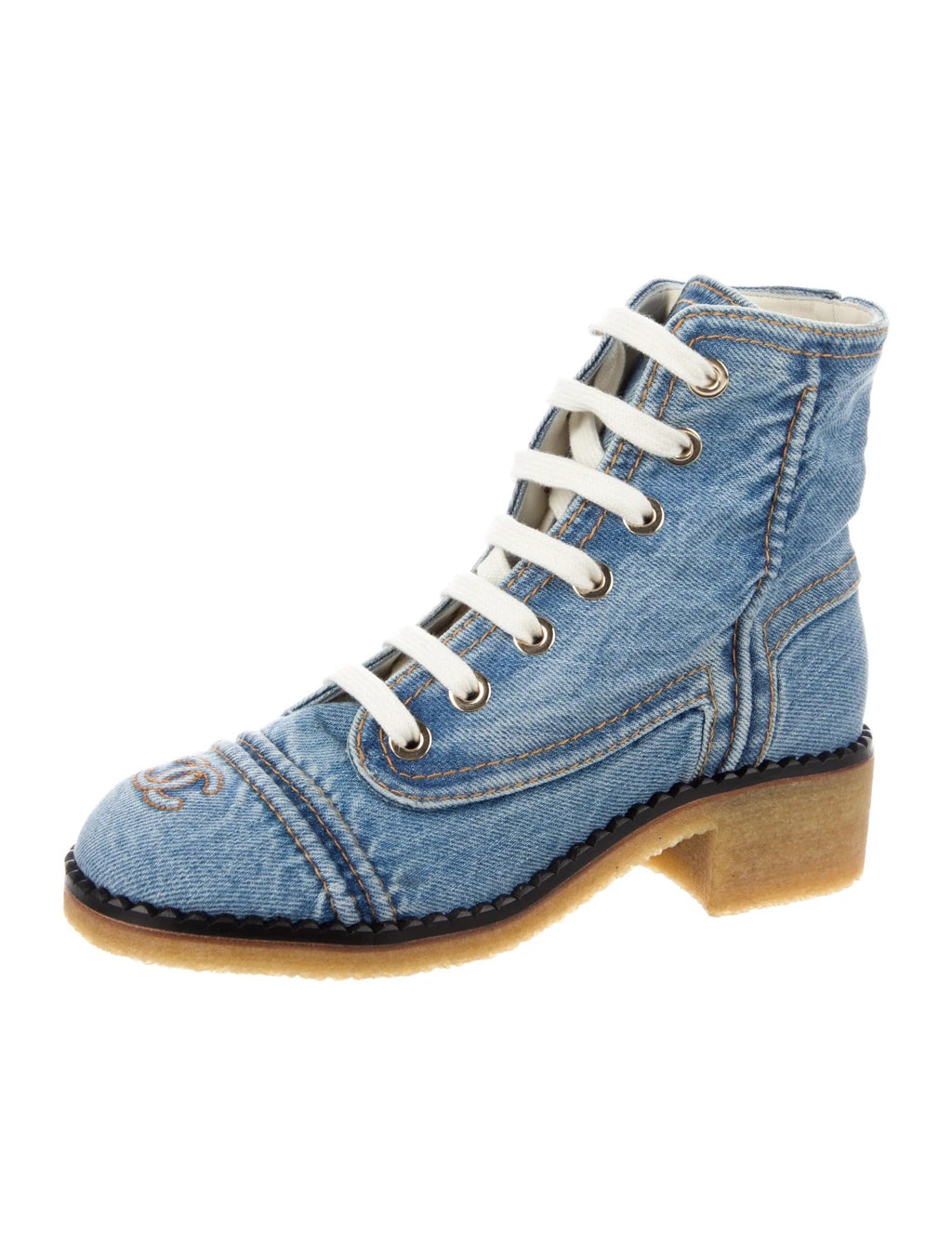 CHANEL DENIM LACE UP COMBAT BOOTIES