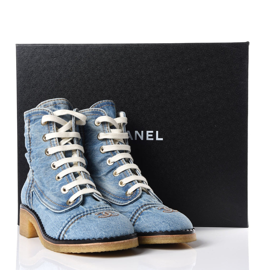 CHANEL DENIM LACE UP COMBAT BOOTIES