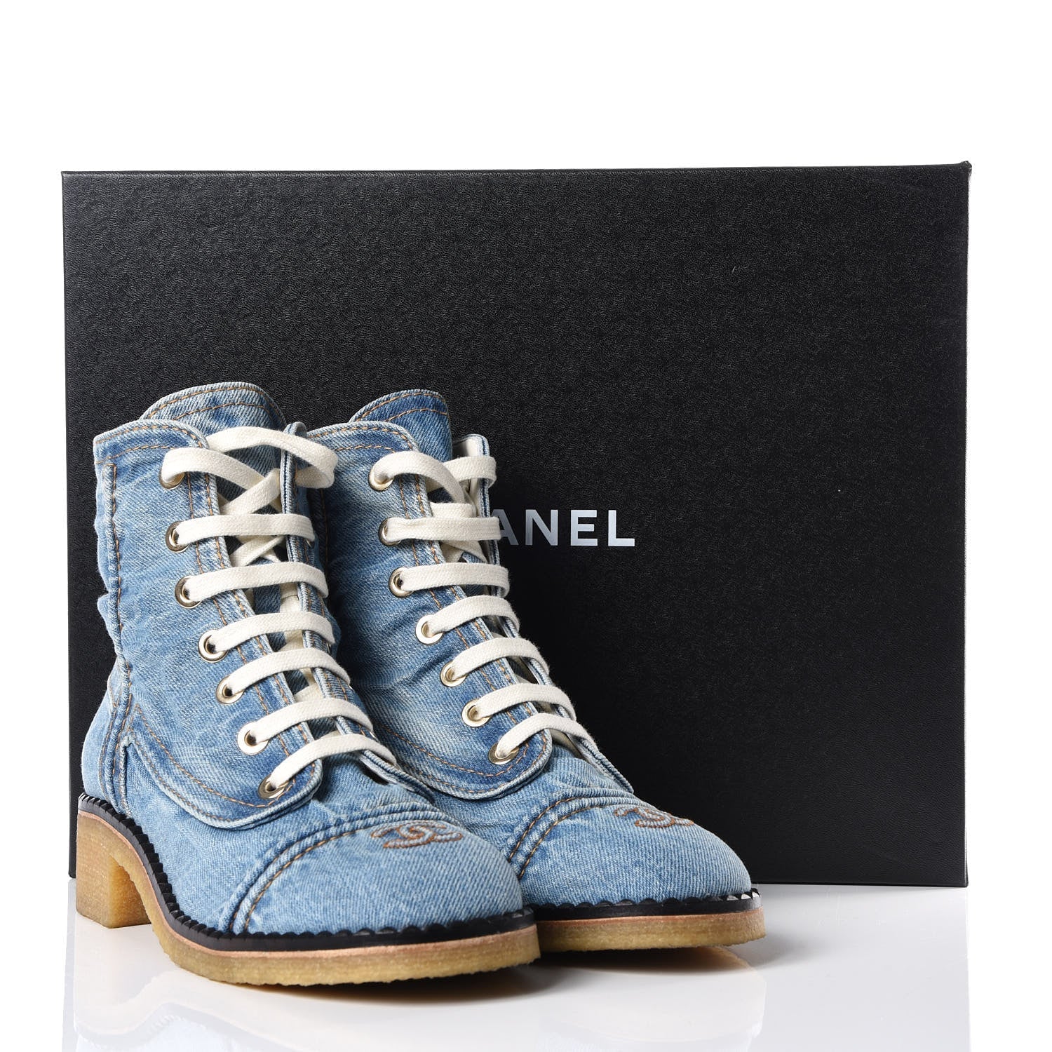 CHANEL DENIM LACE UP COMBAT BOOTIES