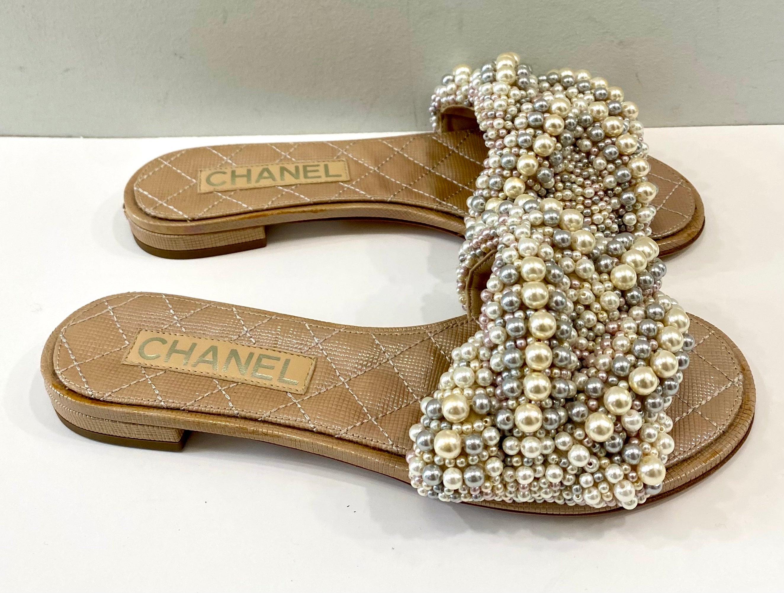 CHANEL FAUX PEARL FLAT MULES