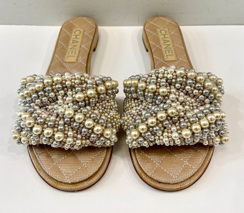 CHANEL FAUX PEARL FLAT MULES