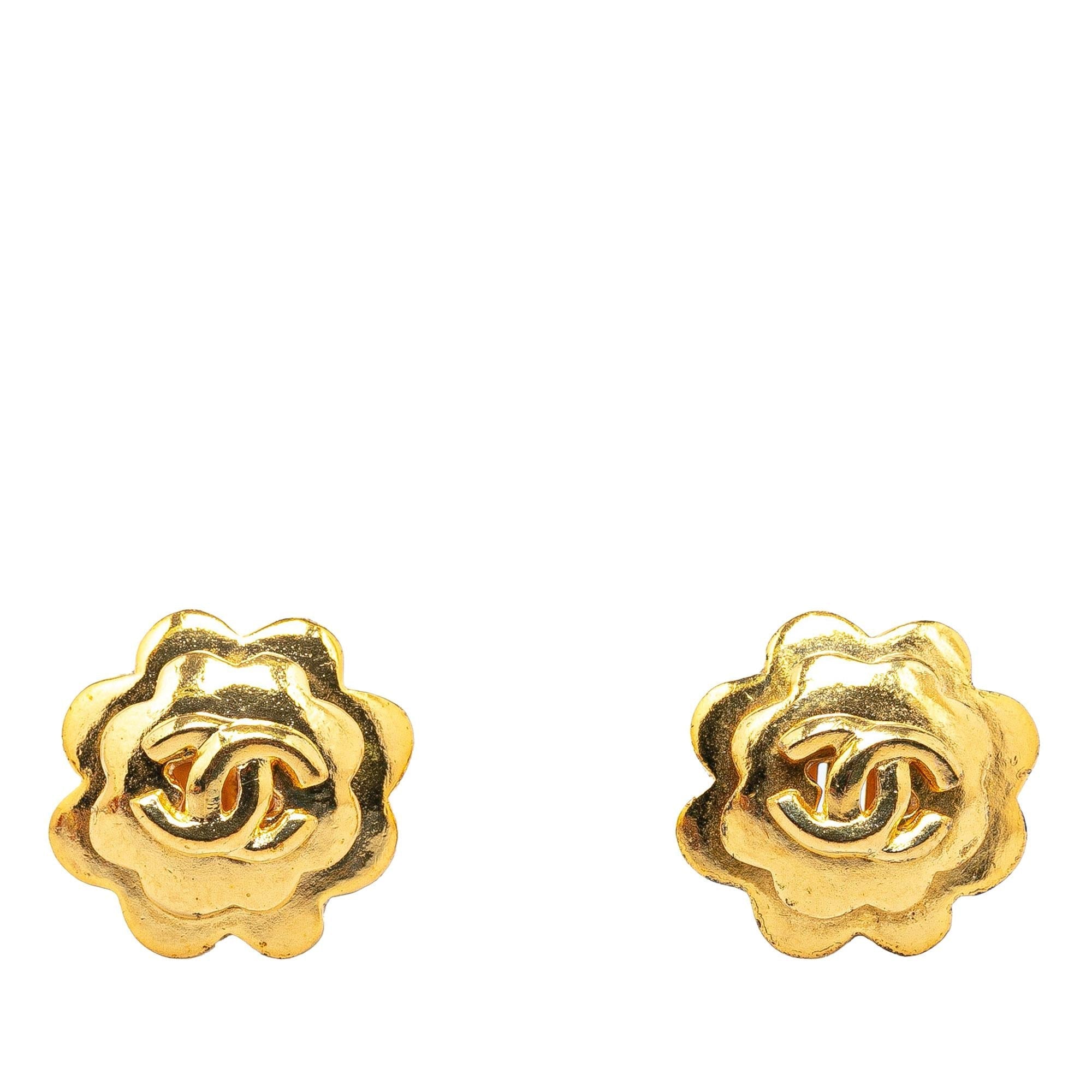 Chanel Gold Plated CC Flower Clip On Earrings