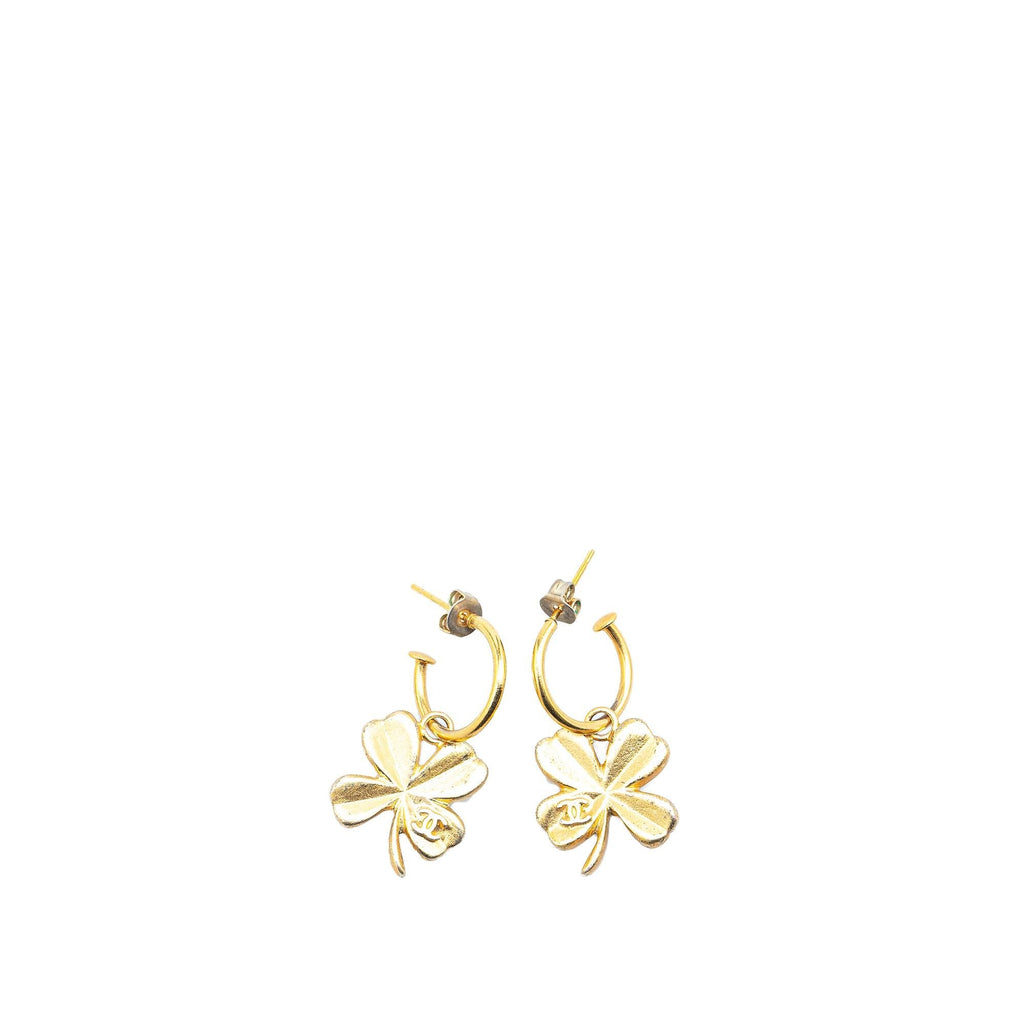 Chanel Gold Plated Clover Hoop Push Back Earrings