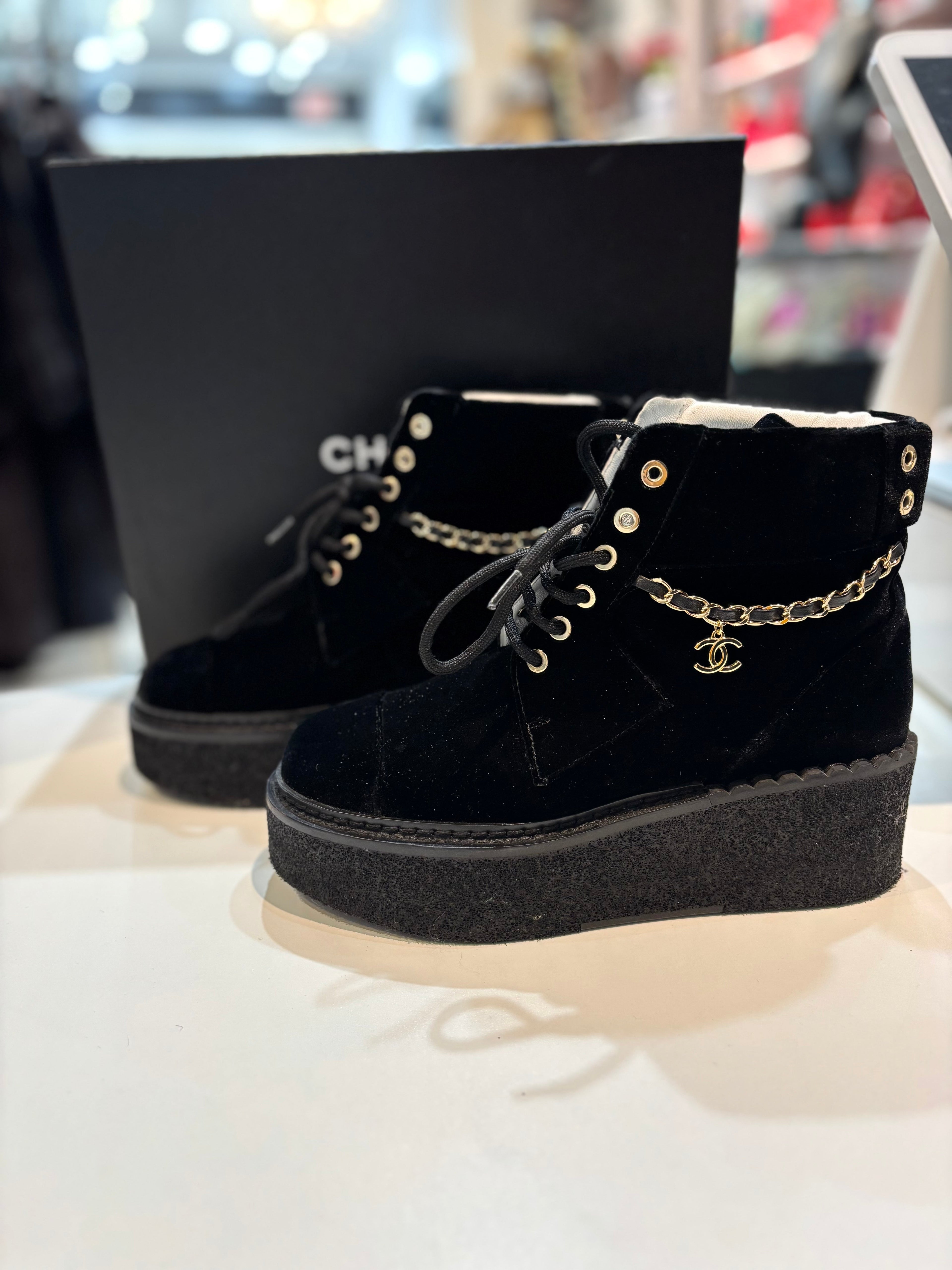 CHANEL CC VELVET LACE-UP CHAIN COMBAT BOOTS