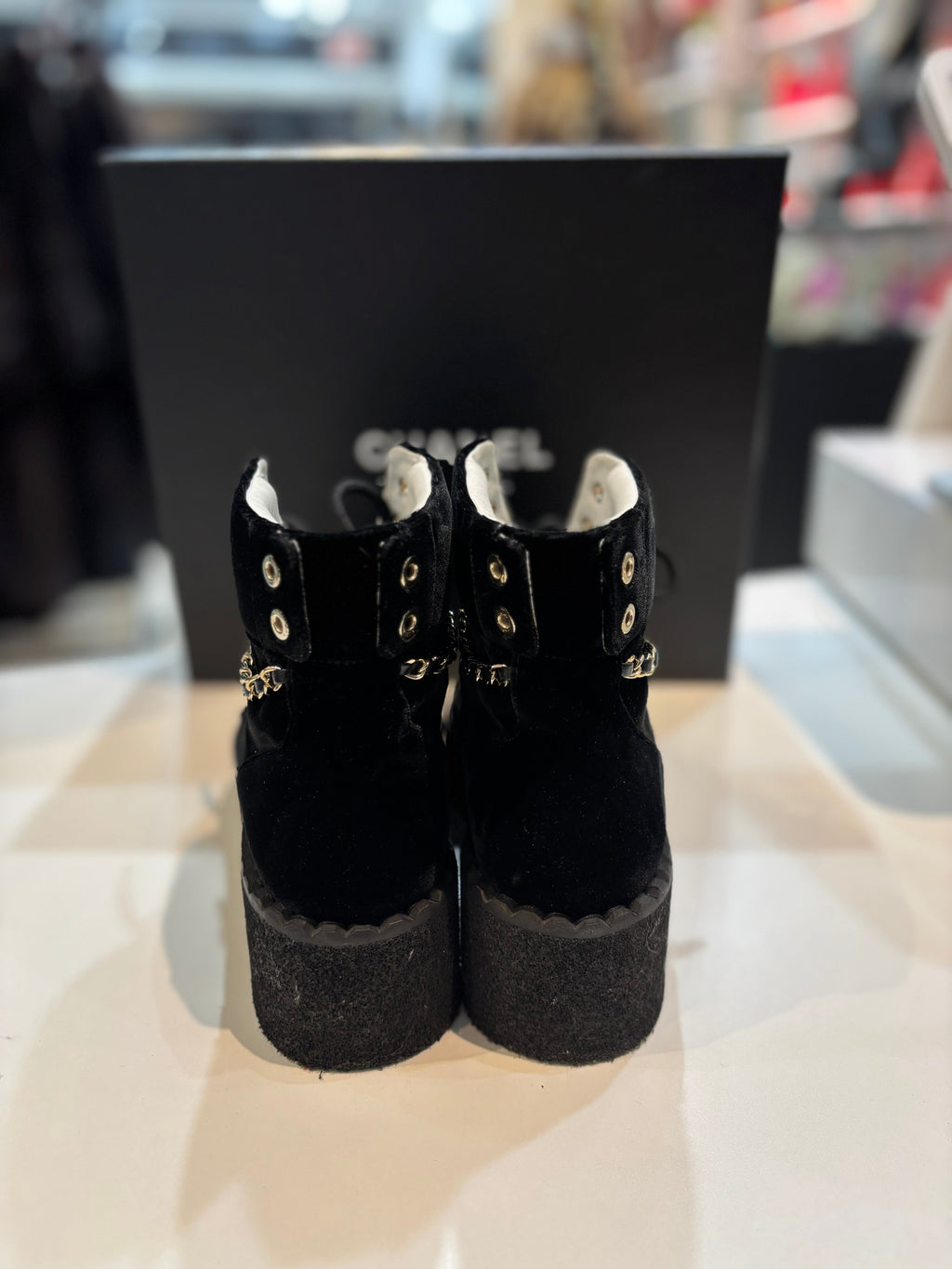 CHANEL CC VELVET LACE-UP CHAIN COMBAT BOOTS