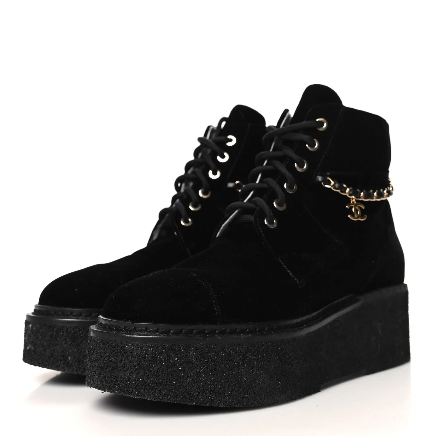 CHANEL CC VELVET LACE-UP CHAIN COMBAT BOOTS