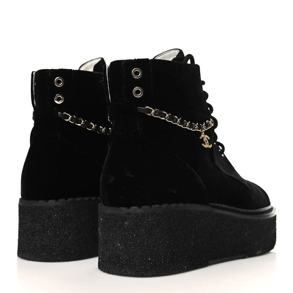CHANEL CC VELVET LACE-UP CHAIN COMBAT BOOTS