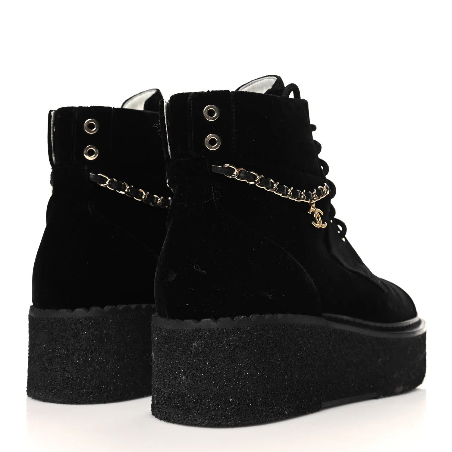 CHANEL CC VELVET LACE-UP CHAIN COMBAT BOOTS