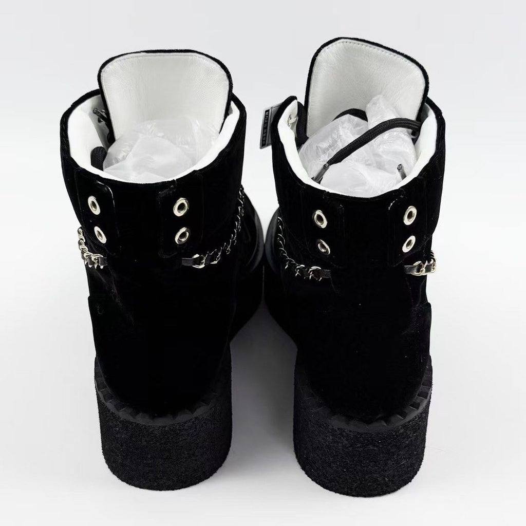 CHANEL CC VELVET LACE-UP CHAIN COMBAT BOOTS