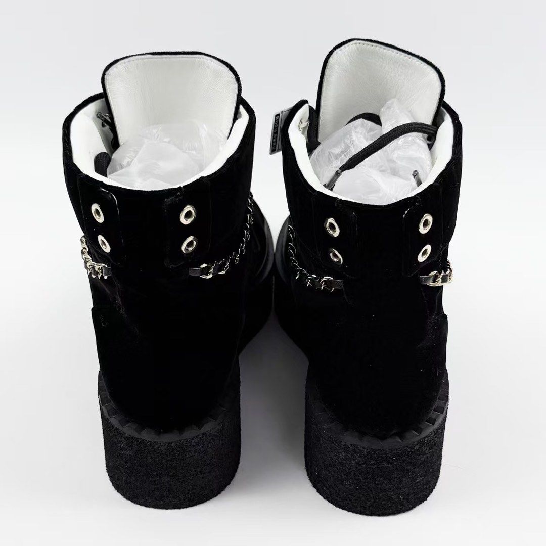 CHANEL CC VELVET LACE-UP CHAIN COMBAT BOOTS
