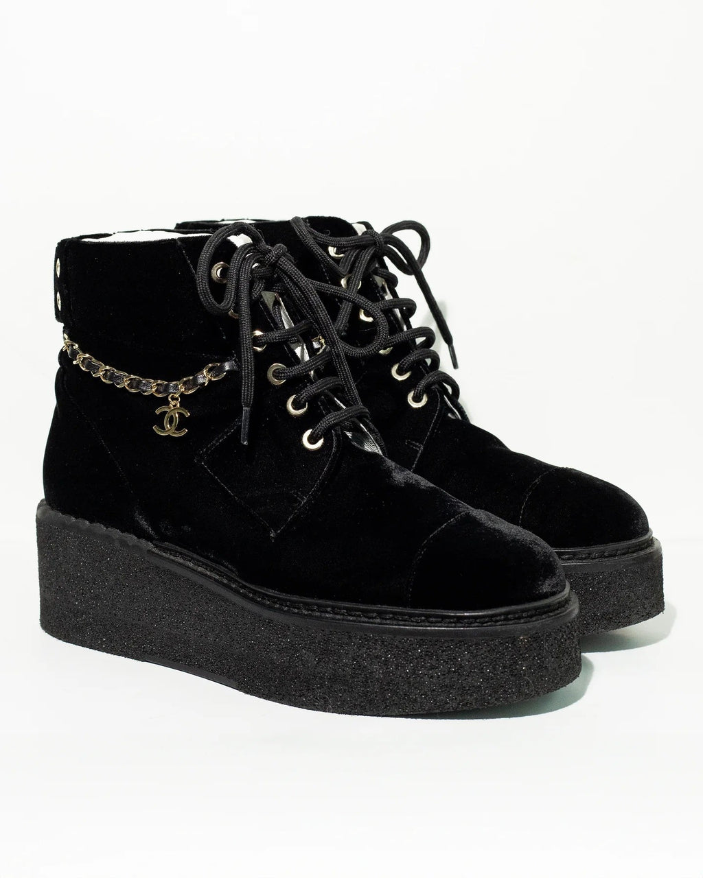 CHANEL CC VELVET LACE-UP CHAIN COMBAT BOOTS