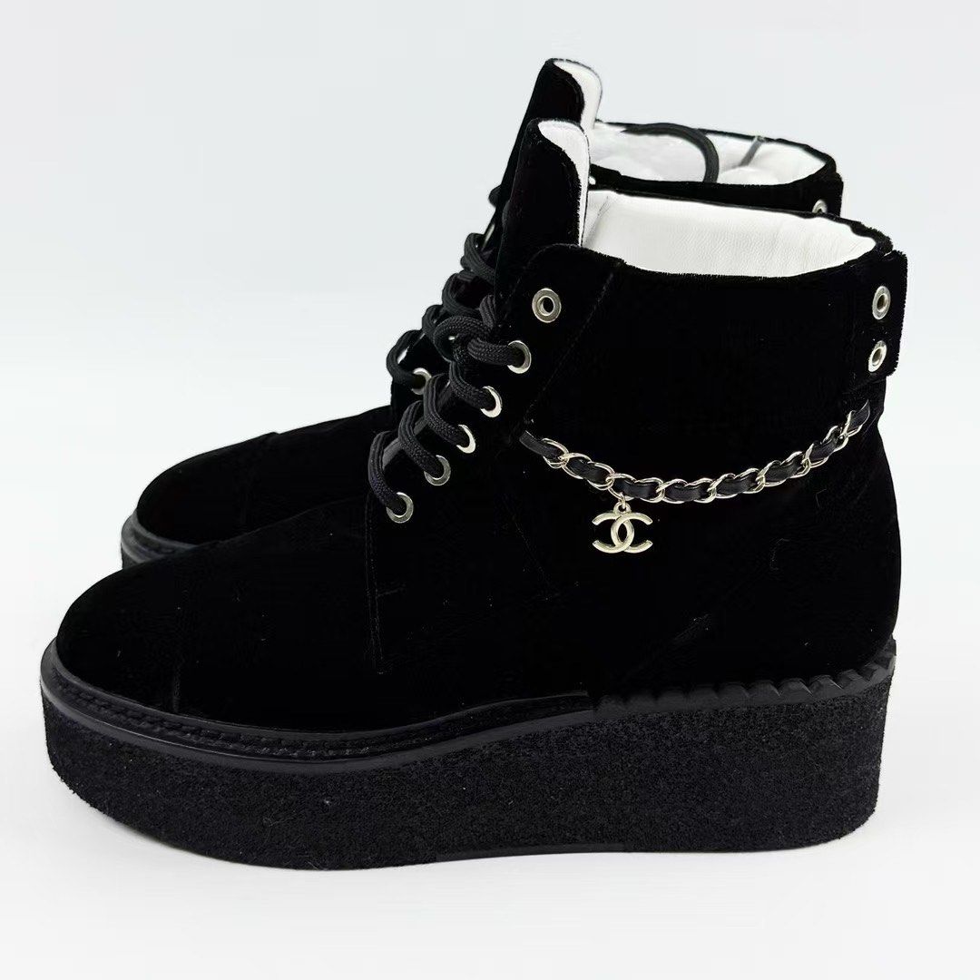 CHANEL CC VELVET LACE-UP CHAIN COMBAT BOOTS