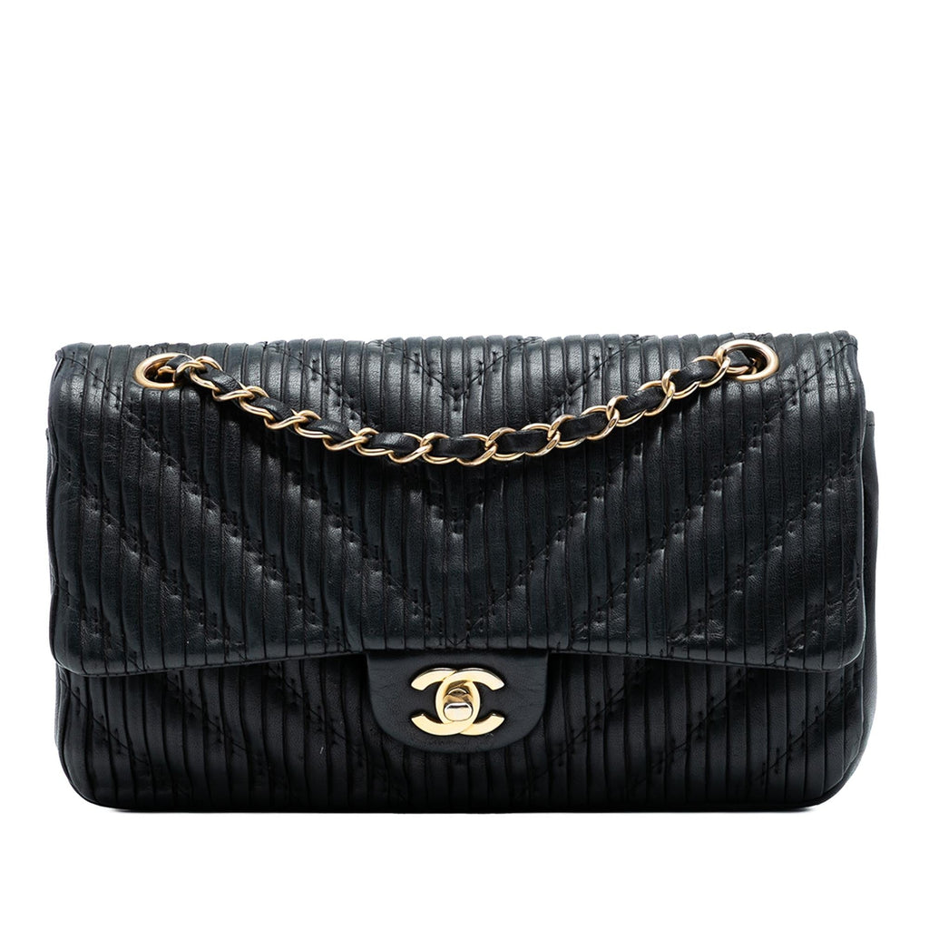 Chanel Medium Classic Chevron Calfskin Pleated Double Flap