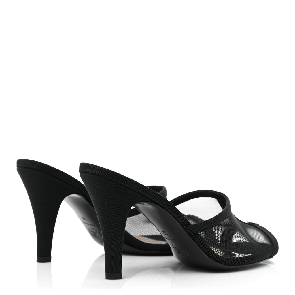 CHANEL MESH GROSGRAIN CC HEELED MULES