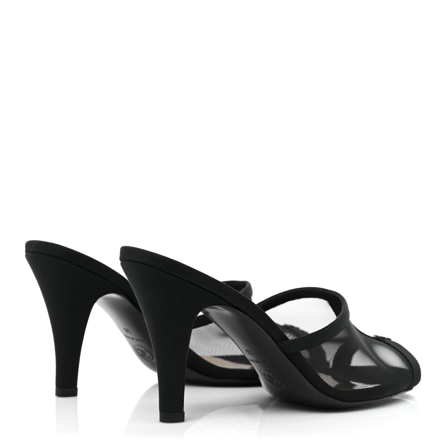 CHANEL MESH GROSGRAIN CC HEELED MULES