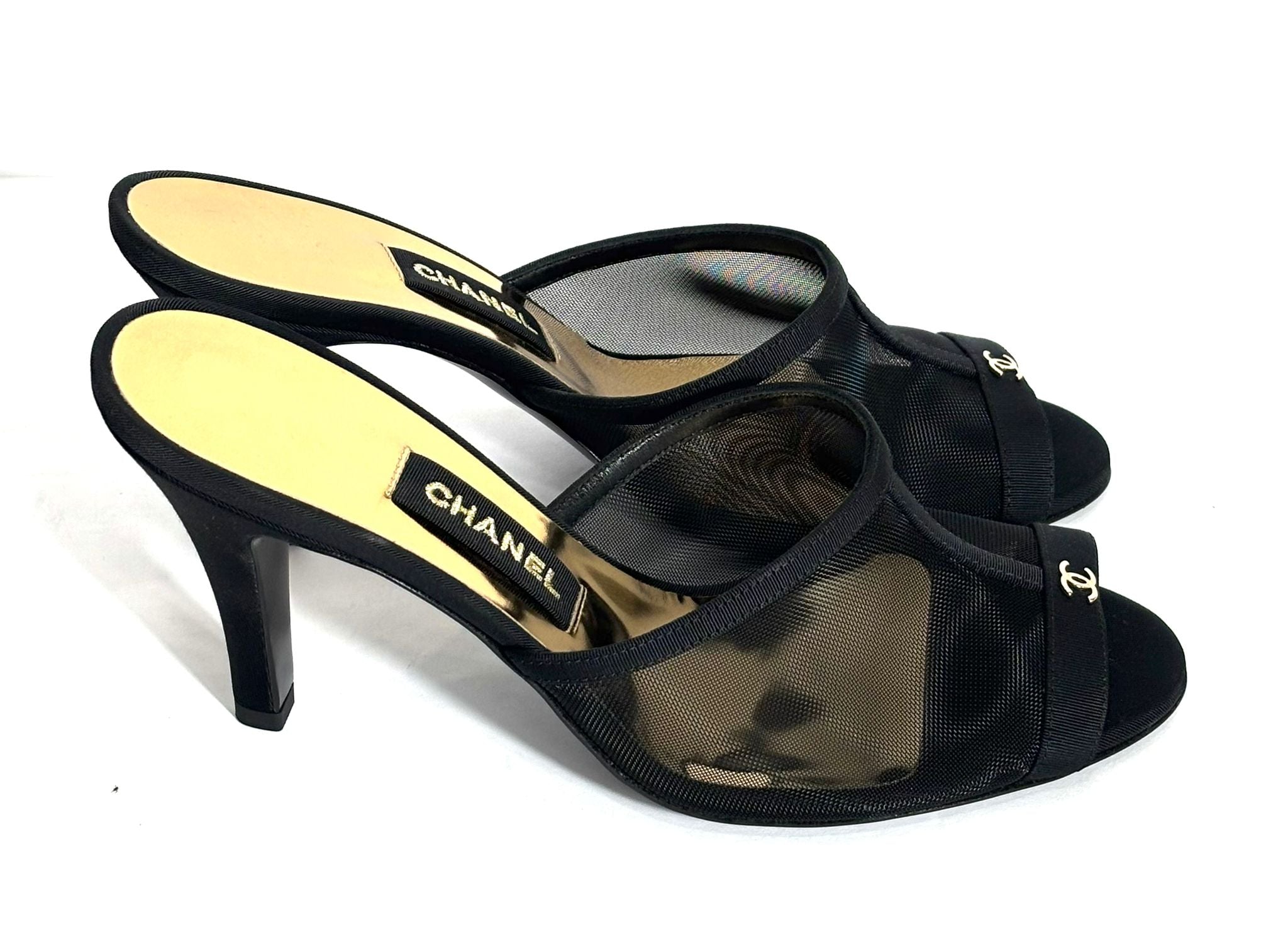 CHANEL MESH GROSGRAIN CC HEELED MULES