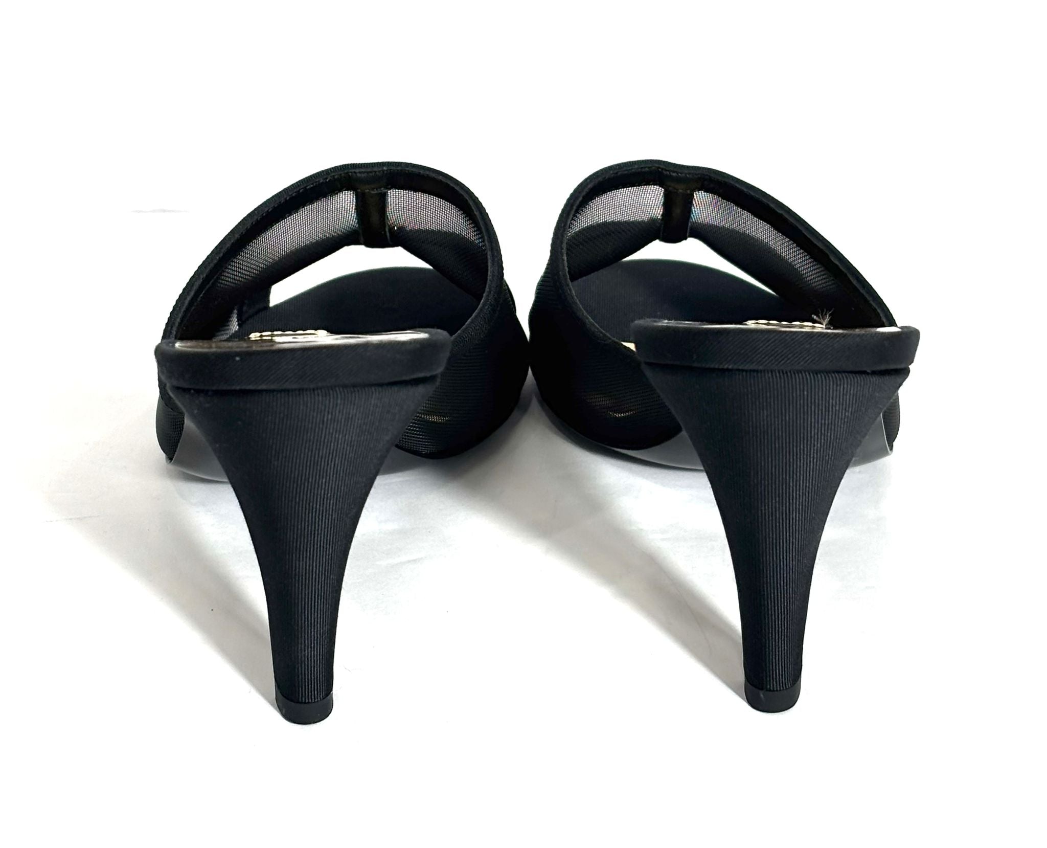 CHANEL MESH GROSGRAIN CC HEELED MULES