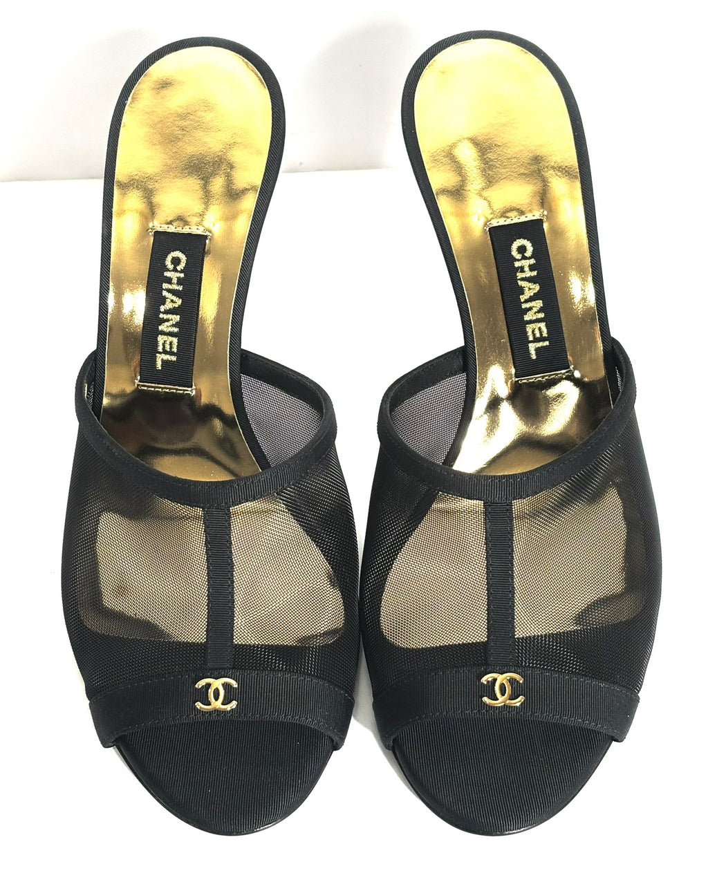CHANEL MESH GROSGRAIN CC HEELED MULES