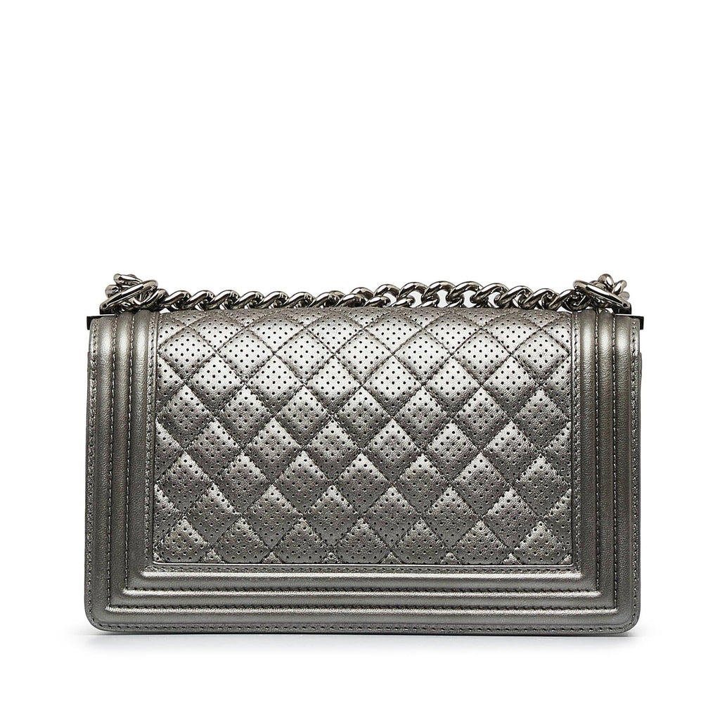Chanel Old Medium Quilted Perforated Metallic Lambskin Boy Flap