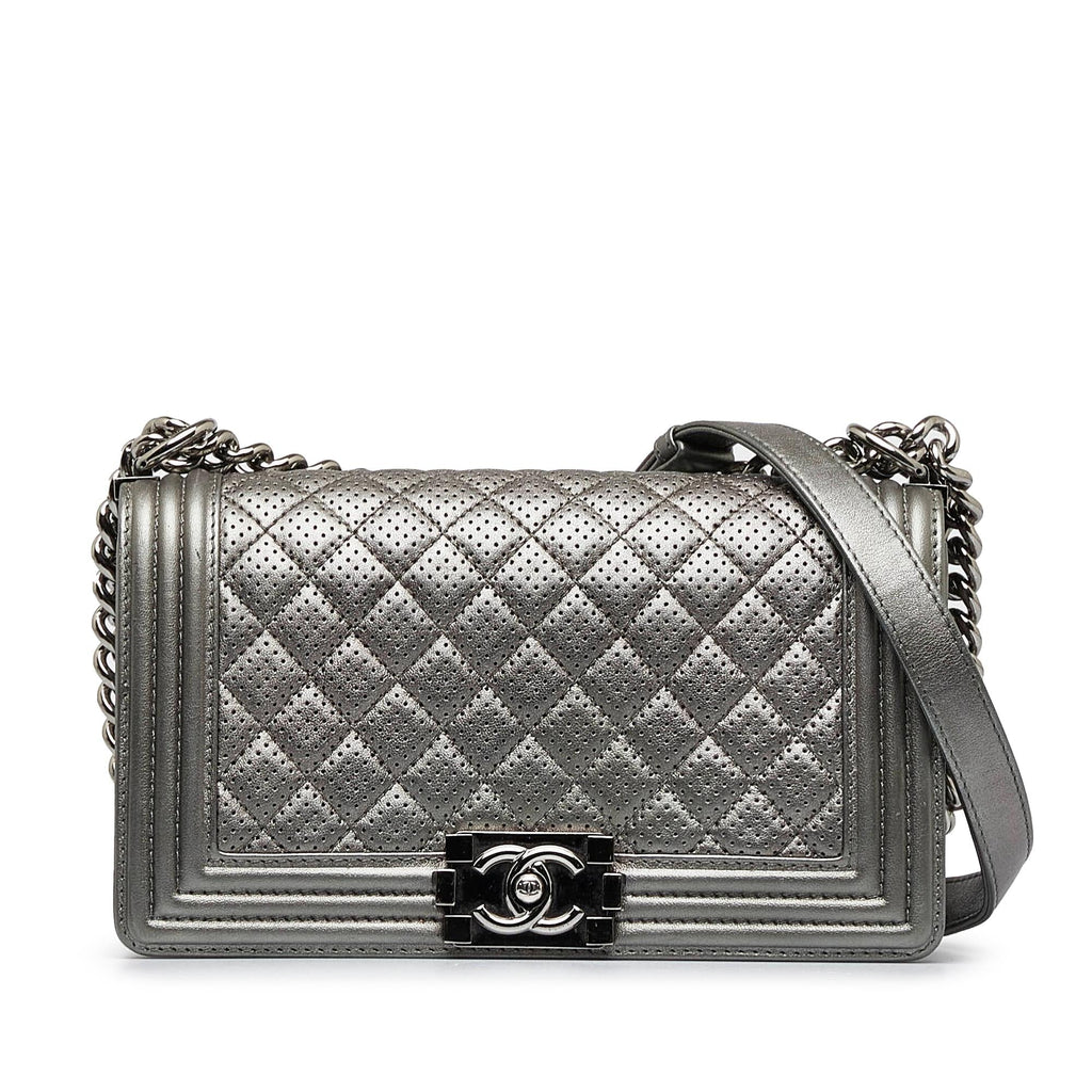 Chanel Old Medium Quilted Perforated Metallic Lambskin Boy Flap
