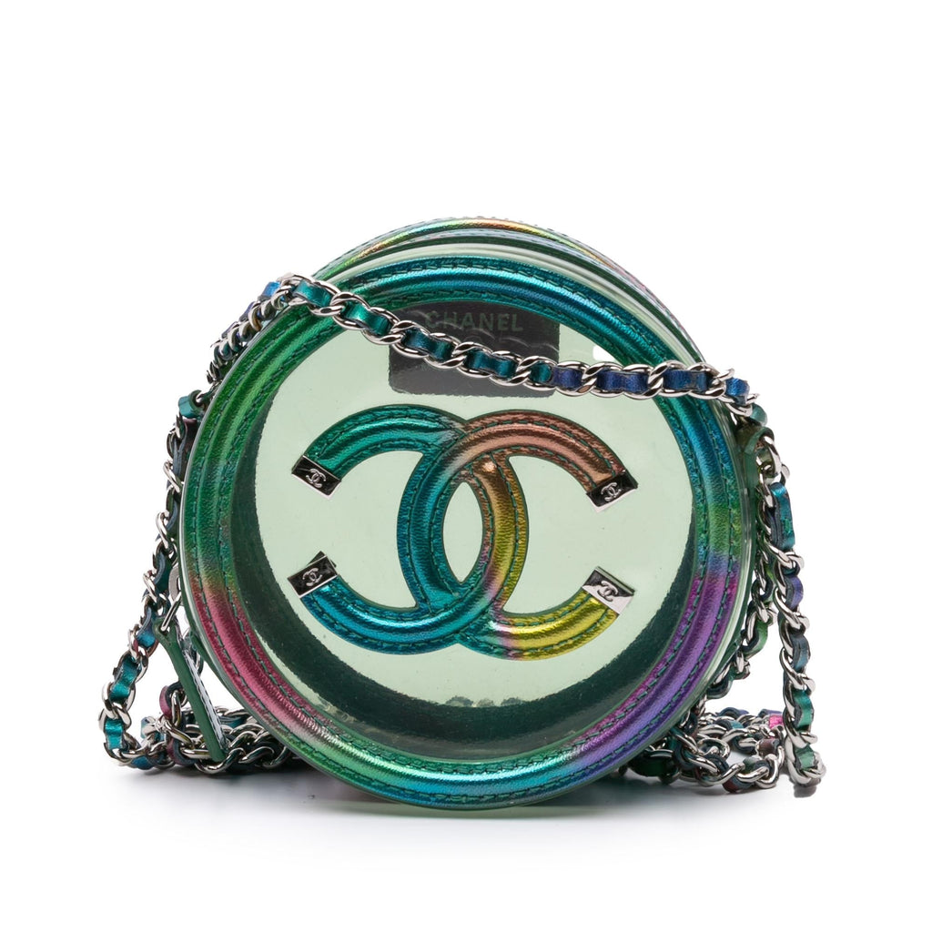 Chanel PVC and Metallic Lambskin CC Filigree Round Clutch with Chain