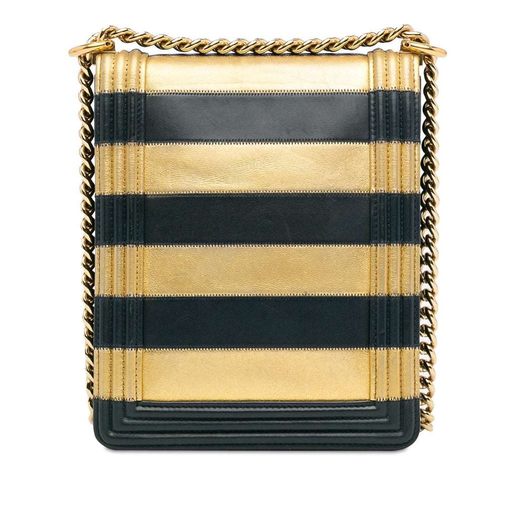 Chanel Paris New York Metallic Lambskin Striped North South Boy Flap