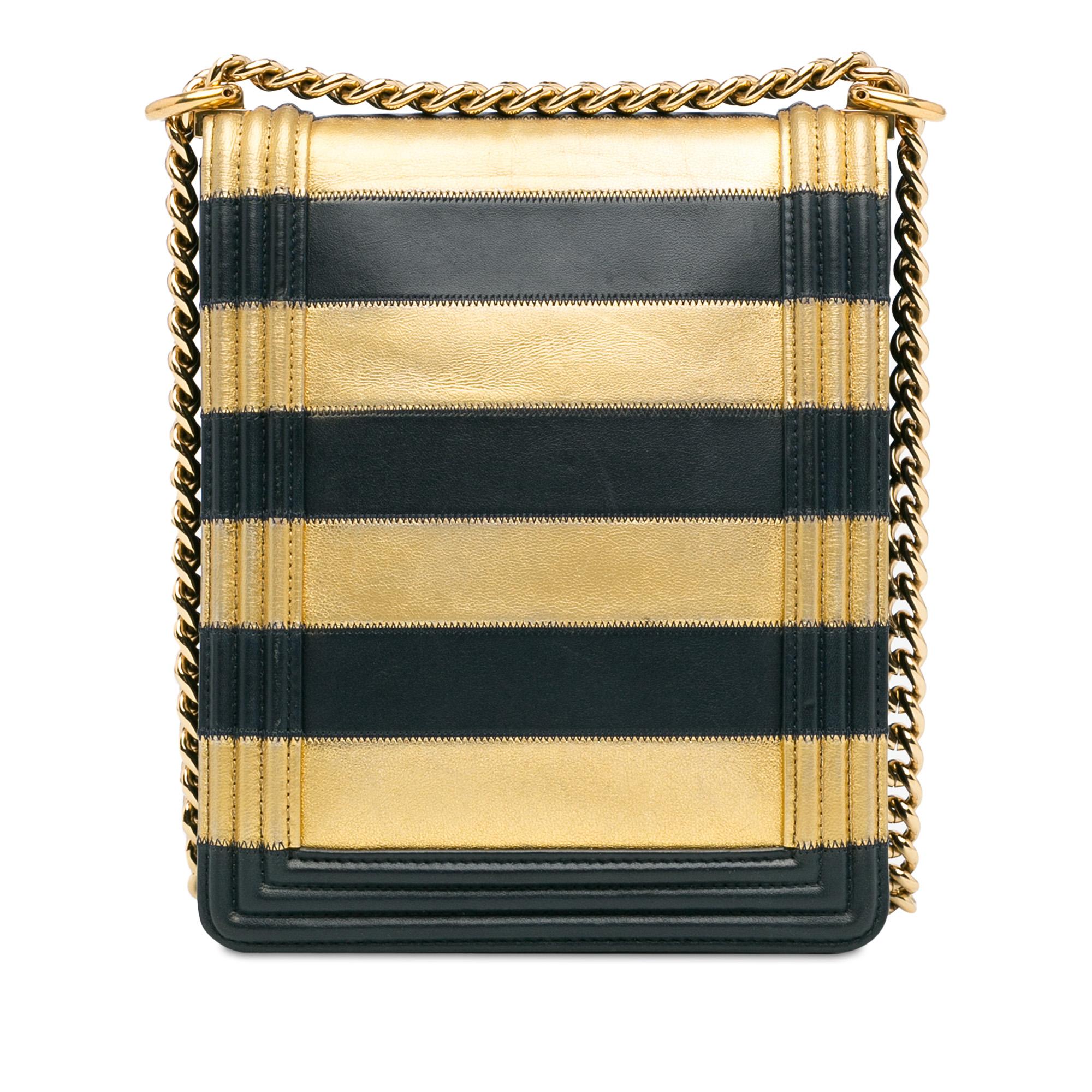 Chanel Paris New York Metallic Lambskin Striped North South Boy Flap