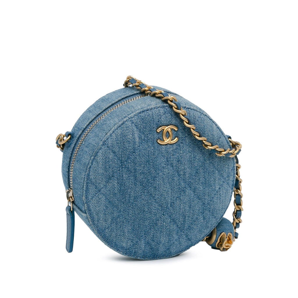 Chanel Quilted Denim Pearl Crush Round Clutch with Chain (SHG-Lc62qo)