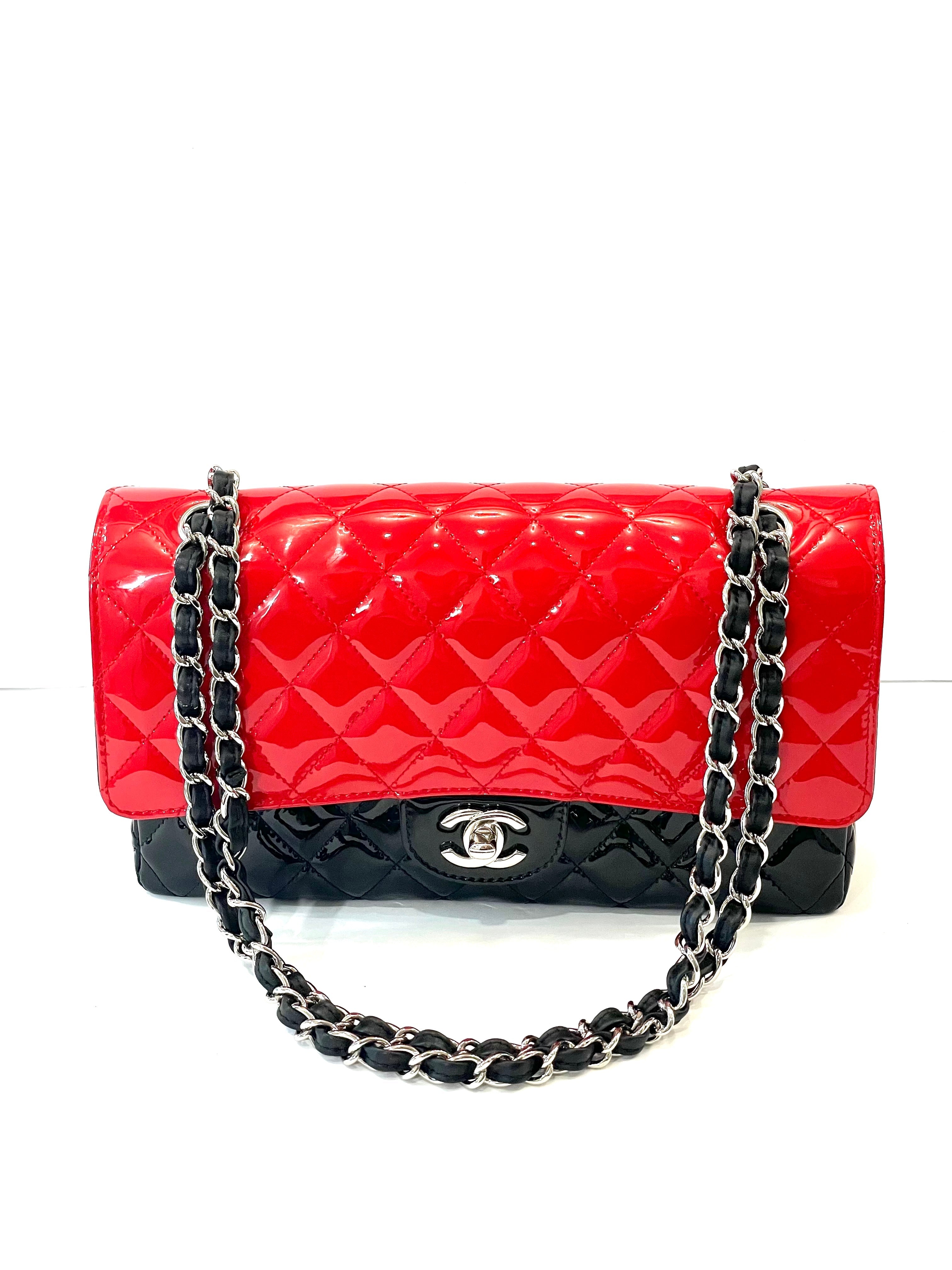CHANEL QUILTED PATENT BI-COLOR MEDIUM CLASSIC DOUBLE FLAP BAG