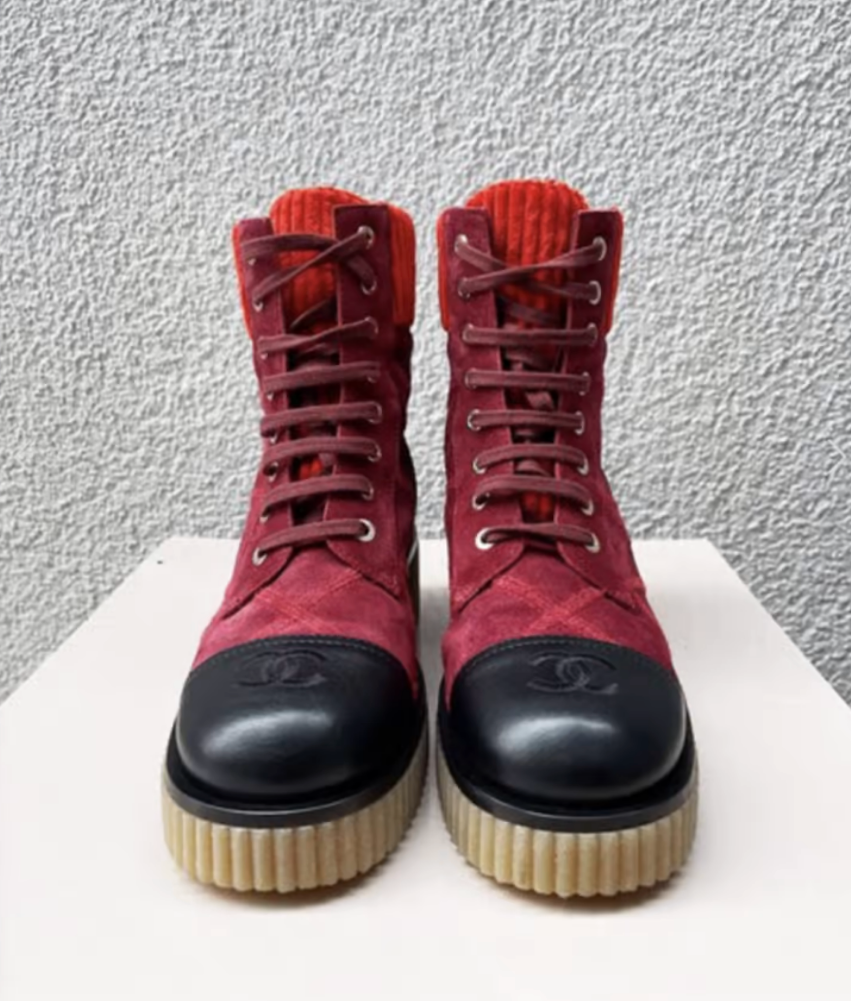 CHANEL SUEDE CALFSKIN VELVET QUILTED CC COMBAT BOOTS