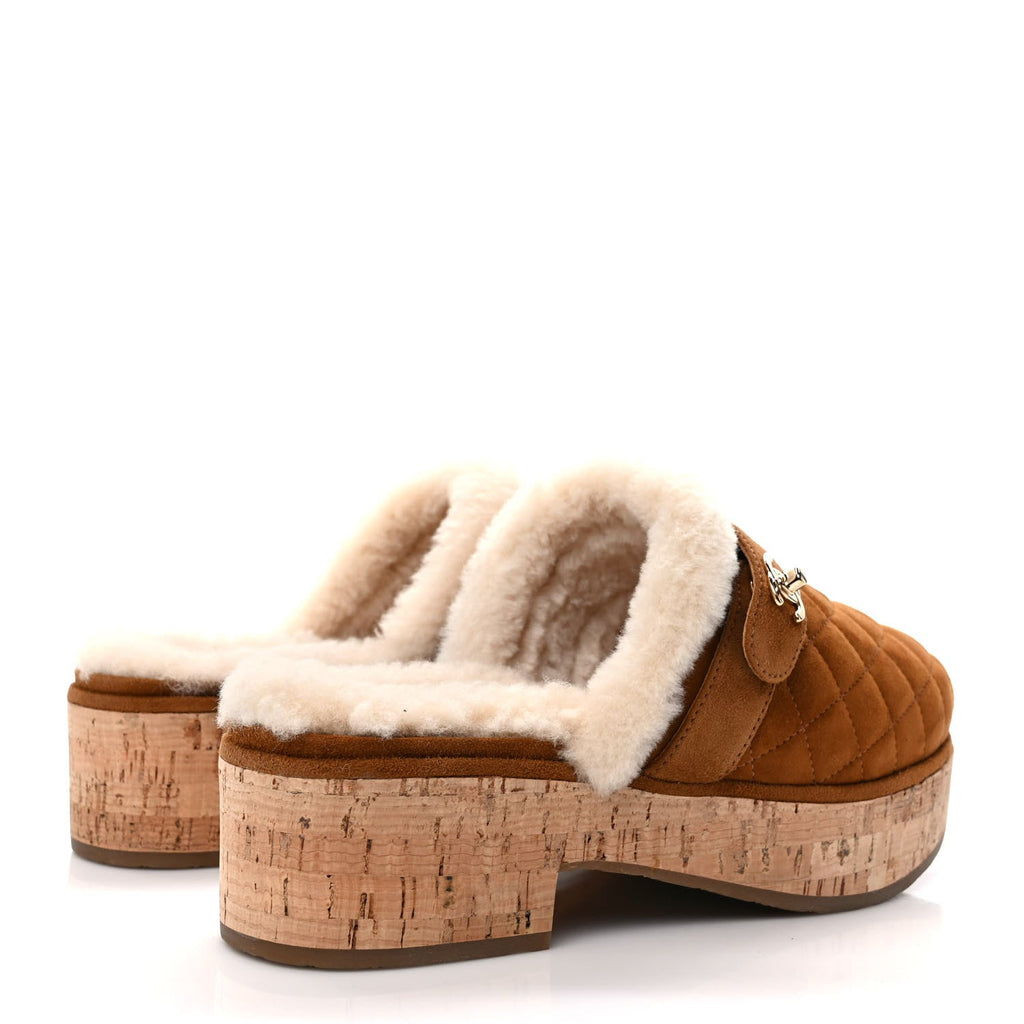 CHANEL SUEDE TURNLOCK CC LOGO SHEARLING MULE CLOGS